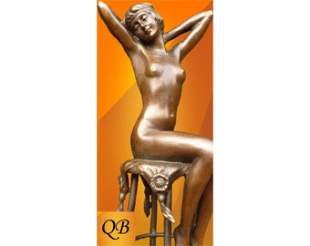 Art Deco Bronze girl on stool Awakening figurine.