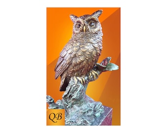 Art Deco bronze figurine statue owl on branch cold painted bird on green marble base.