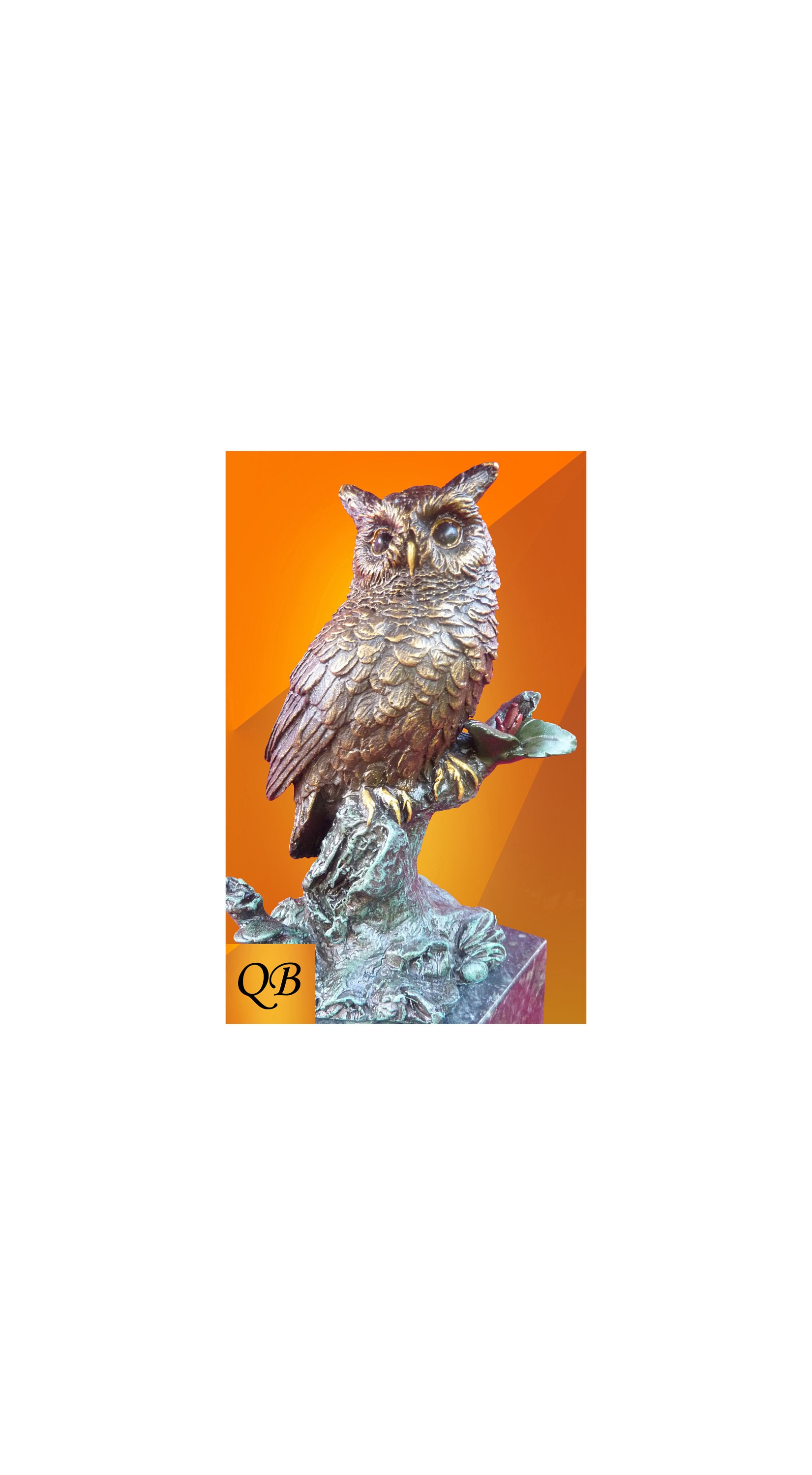 Art Deco bronze figurine statue owl on branch cold painted bird on green marble base.