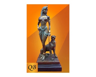 Bronze Statue Art Deco Cleopatra and Panther Egyptian Queen unique cold painted figurine.