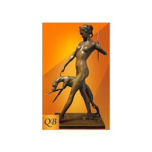 Escultura Art Decó de bronce de Diana y el perro. Estatua mitológica de Freya, patrona de los animales y los niños de la naturaleza. Una figura de diosa empoderadora.