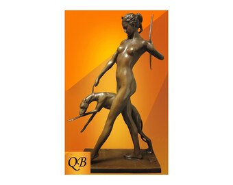Bronze Art Deco Diana and Hound sculpture. Mythological Freya statue patron of nature animals and children. An empowering goddess figurine.