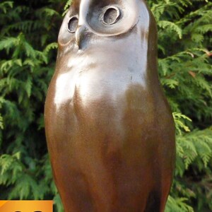 May include: A bronze-colored owl sculpture with a smooth, polished finish. The owl has large, round eyes and a slightly tilted head. The background is a blurred green hedge. The letters "QB" are in the lower left corner.