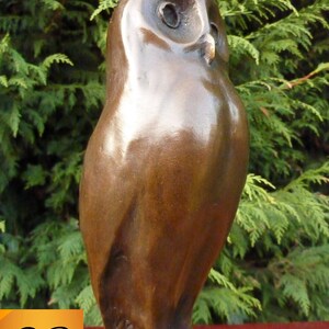 May include: A bronze owl sculpture with a smooth, reflective surface. The owl is depicted in a standing pose, with detailed eyes and a slightly forward-facing gaze. The sculpture is set against a backdrop of green foliage.