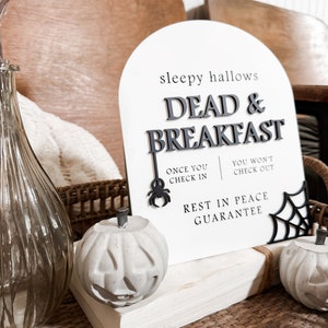 May include: A white sign with black text that reads "sleepy hallows DEAD & BREAKFAST" with a spider and web graphic. The sign is propped up on a stack of white books with two concrete pumpkin decorations.