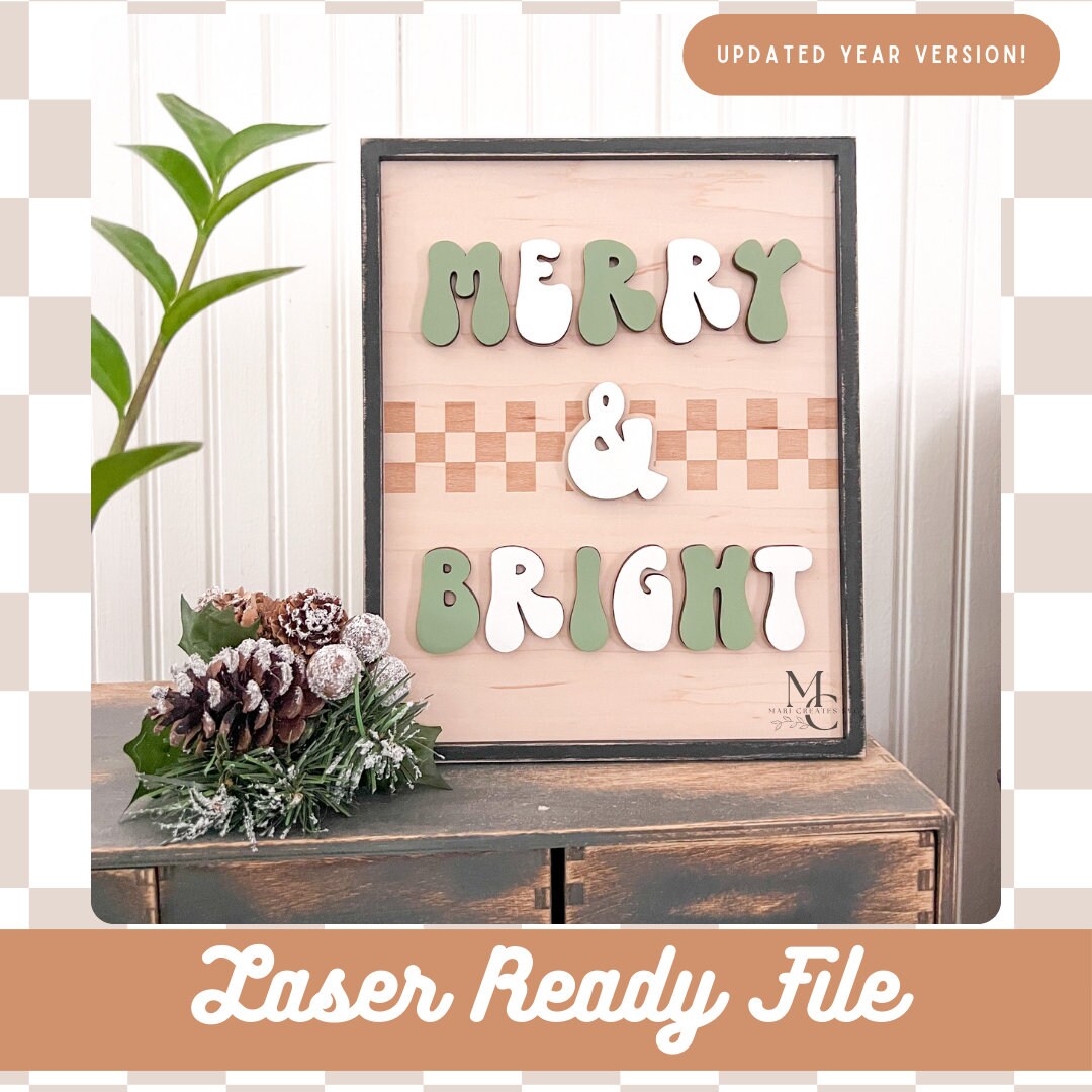 Merry & Bright Checkered Sign SVG File - Christmas Laser Cut File ...