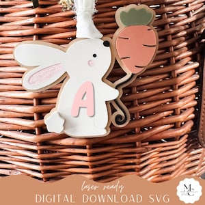 Téléchargement numérique | Lapin de Pâques moderne avec des étiquettes de panier de ballons fichier SVG | Etiquettes pour panier de Pâques | Fichier laser | Fichier Glowforge