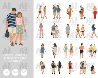 Può includere: Illustrazioni vettoriali di persone ritagliate e silhouette. L'immagine presenta 30 figure in varie pose, tra cui coppie e gruppi. Le figure sono vestite con abiti casual, con una varietà di colori e stili. Il testo "Vector Cutout and Silhouette People (30 figures)" è incluso.
