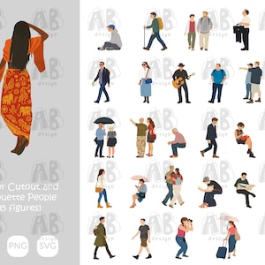 Pode incluir: Uma ilustração digital com 35 figuras vetoriais recortadas de pessoas em várias poses e atividades. As figuras estão em uma variedade de roupas e estilos, com uma paleta de cores de tons terrosos e cores brilhantes. Inclui o texto "Vector Cutout and Silhouette People (35 figures)".