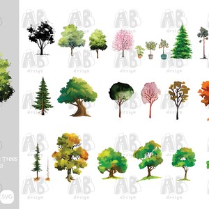 May include: A set of 23 watercolour-style vector cutout trees in diverse forms and hues. The trees feature deciduous, evergreen, and flowering types, ideal for graphic design. The image includes the text "Vector Cutout Trees (23 Figures)".