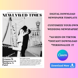 Pode incluir: Uma fotografia a preto e branco de um casal a beijar-se numa ponte. A fotografia está num modelo de jornal com o texto "Newlywed Times" no topo e os nomes do casal na parte inferior. O texto "Digital Download Newspaper Template" está no canto superior direito da imagem. O texto "Customize Your Own Wedding Newspaper!" está abaixo do texto "Digital Download Newspaper Template". O texto "*As Seen On TikTok *Instant Download *Personalize It" está abaixo do texto "Customize Your Own Wedding Newspaper!". O texto "Canva" está num círculo azul no canto inferior direito da imagem. O texto "Download Now" está num retângulo azul com uma seta branca apontando para baixo.