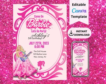 Doll Invitation Template | Girls Birthday Party | Pool Party | Come On Let’s Go Party Invite | Digital Invitation | Editable Template