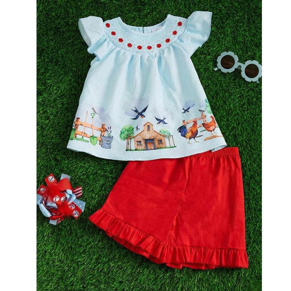 Smocked Outfit for Girls Farm House Clothes for Church Smocked Set for Toddler Smocked Embroidered Out Fit for Summer Shorts Set Boutique