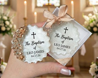 Baptism Favors for Guests, Christening Favors, First Holy Communion Gift, Custom Epoxy Resin Magnet with Box, Religious Thank You Gifts