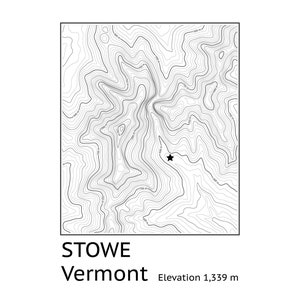 May include: A black and white topographic map of Stowe, Vermont, with a star marking a location. The text "Stowe, Vermont" and "Elevation 1,339 m" is below the map.