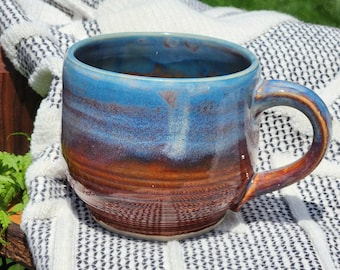 15 fl oz. sky blue/warm brown, handmade pottery mug, Coffee mug, Ceramics, Stoneware cup, drinkware, barware
