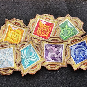 Genshin Impact&#39;s Liyue style Vision patches.  Pyro, hydro, cryo, electro, geo, anemo and dendro available