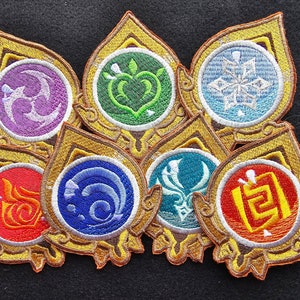 Genshin Impact's Sumeru style Vision patches.  Pyro, hydro, cryo, electro, geo, anemo and dendro available