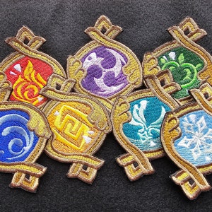 Genshin Impact's Fontaine Pneuma style Vision patches.  Pyro, hydro, cryo, electro, geo, anemo and dendro available