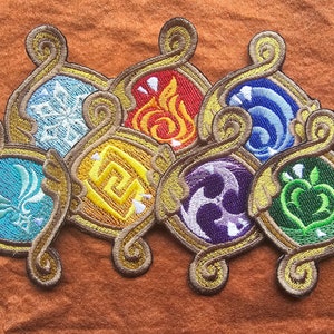 Genshin Impact&#39;s Fontaine Ousia style Vision patches.  Pyro, hydro, cryo, electro, geo, anemo and dendro available