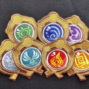 Genshin Impact's Inazuma style Vision patches.  Pyro, hydro, cryo, electro, geo, anemo and dendro available