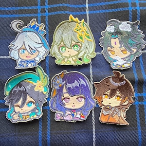 Genshin Impact Broderad Tyglapp: Venti, Zhongli, Furina, Nahida, Raiden, Xiao