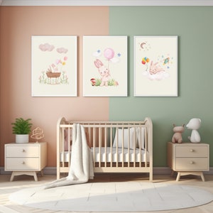 Bunny Print set, Bunny Nursery Decor,Baby Girl Print,New Baby Printable,Pink Nursery Poster,Balloon Nursery Wall Decor, Digital Download