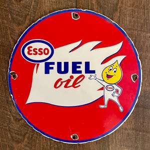 Vintage ESSO FUEL OIL Gas Station Pump 12&quot; Round Porcelain Sign