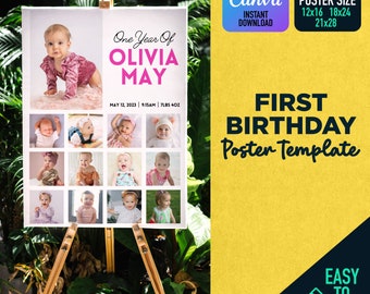 Eerste verjaardag foto teken sjabloon, minimalistische 1e verjaardag foto poster, baby's eerste jaar poster afdrukbaar, 3 maten inbegrepen