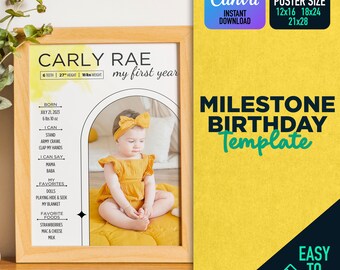 Mijlpaal baby verjaardag teken, baby 1e verjaardag mijlpaal bord, afdrukbare baby's eerste jaar poster sjabloon, eerste verjaardag fotocollage