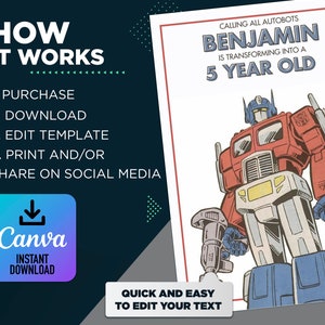 Pode incluir: Um cart&atilde;o de anivers&aacute;rio imprim&iacute;vel com um rob&ocirc; de desenho animado vermelho, azul e amarelo com o texto "Calling all Autobots Benjamin is transforming into a 5 year old". O cart&atilde;o &eacute; projetado para o anivers&aacute;rio de uma crian&ccedil;a e inclui instru&ccedil;&otilde;es sobre como comprar, baixar, editar, imprimir e compartilhar o cart&atilde;o nas redes sociais.