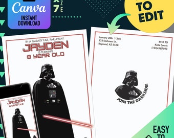 Star Wars digitale verjaardagsuitnodiging | Digitale sjabloon | Darth Vader Yoda-sjabloon | Verjaardagsuitnodiging
