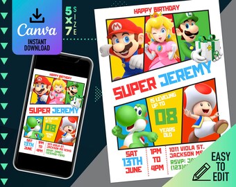 Super Mario digitale verjaardagsuitnodiging | Digitale sjabloon | Mario-sjabloon | Verjaardagsuitnodiging