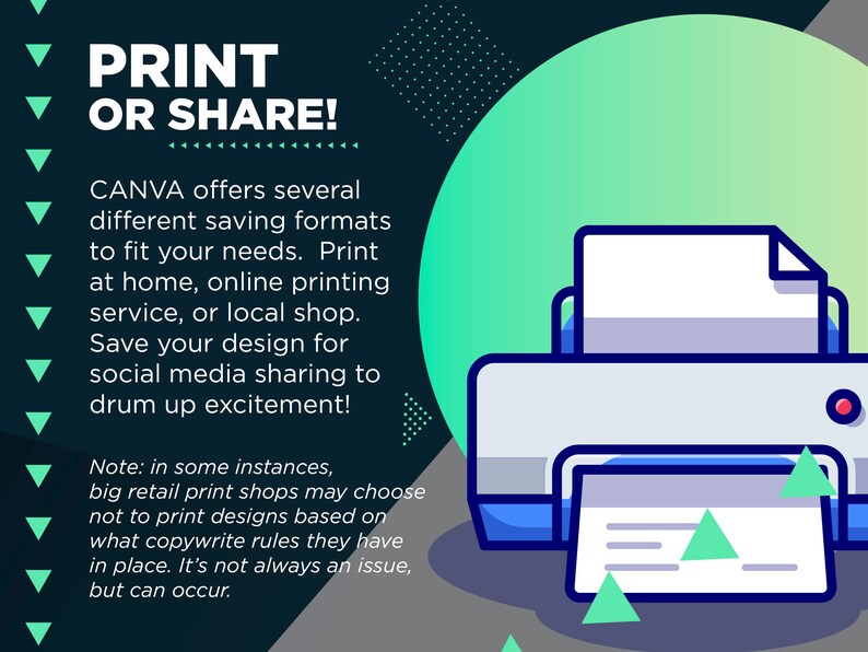 Op de afbeelding: Een afbeelding met een printericoon en de tekst "PRINTEN OF DELEN!" Canva biedt verschillende opslagformaten om aan uw behoeften te voldoen. Print thuis, online of in een lokale winkel. Sla uw ontwerp op om te delen op sociale media en enthousiasme te cre&euml;ren! Opmerking: in sommige gevallen kunnen grote detailhandels-drukkerijen ervoor kiezen om ontwerpen niet te printen op basis van de auteursrechtregels die zij hanteren. Dit is niet altijd een probleem, maar kan voorkomen.