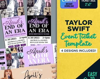 Modelo de convite de aniversário do Swift Eras Tour, 4 designs incluídos! Convite para evento, ingresso para concerto surpresa, lembrança, presente para impressão, Canva