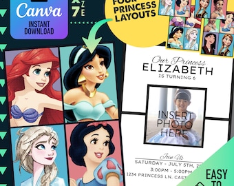 Prinsessen digitale verjaardagsuitnodiging | Digitale sjabloon | Prinses Assepoester Ariel Belle Rapunzel Jasmijn sjabloon | Verjaardagsuitnodiging