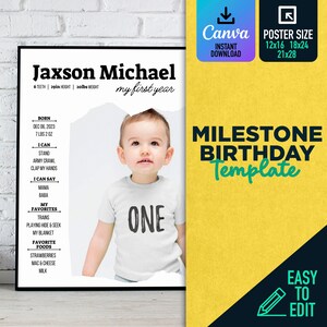 Milestone baby birthday sign, baby 1st birthday milestone board, printable baby&#39;s first year poster template, First Birthday Photo Collage