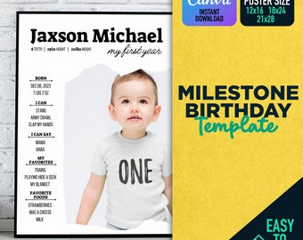 Mijlpaal baby verjaardag teken, baby 1e verjaardag mijlpaal bord, afdrukbare baby's eerste jaar poster sjabloon, eerste verjaardag fotocollage