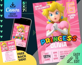 Prinses perzik digitale verjaardagsuitnodiging | Digitale sjabloon | Super Mario-sjabloon | Verjaardagsuitnodiging