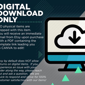 Op de afbeelding: Een teal en zwarte grafiek met witte tekst die "DIGITAAL DOWNLOAD ALLEEN" luidt. De grafiek bevat ook een computermonitor met een wolk en een pijl naar beneden, wat een digitale download aangeeft. De tekst onder de grafiek legt uit dat het item een digitale download is en dat de koper een e-mail met een link om het bestand te downloaden zal ontvangen.