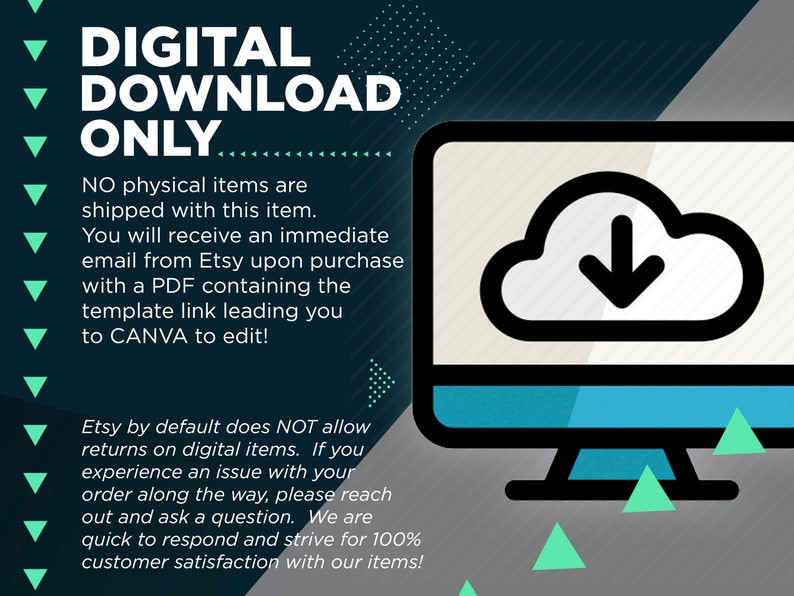 Op de afbeelding: Een teal en zwarte grafiek met witte tekst die "DIGITAAL DOWNLOAD ALLEEN" luidt. De grafiek bevat ook een computermonitor met een wolk en een pijl naar beneden, wat een digitale download aangeeft. De tekst onder de grafiek legt uit dat het item een digitale download is en dat de koper een e-mail met een link om het bestand te downloaden zal ontvangen.
