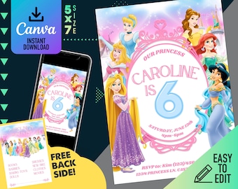 Prinsessen digitale verjaardagsuitnodiging | Digitale sjabloon | Prinses Assepoester Ariel Belle Rapunzel Jasmijn sjabloon | Verjaardagsuitnodiging