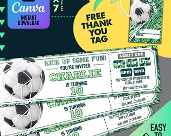 Bewerkbare voetbal verjaardagsuitnodiging sjabloon, voetbal uitnodiging, voetbal verjaardagsuitnodiging, voetbal dank u tag