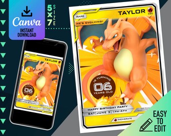 Pokemon digitale verjaardagsuitnodiging | Digitale sjabloon | Charizard-sjabloon | Verjaardagsuitnodiging