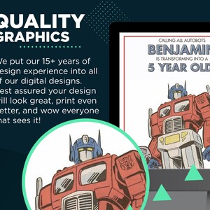 Pode incluir: Um convite de festa digital imprim&iacute;vel com um personagem de rob&ocirc; vermelho, azul e amarelo. O texto diz "Calling all Autobots Benjamin is transforming into a 5 year old".
