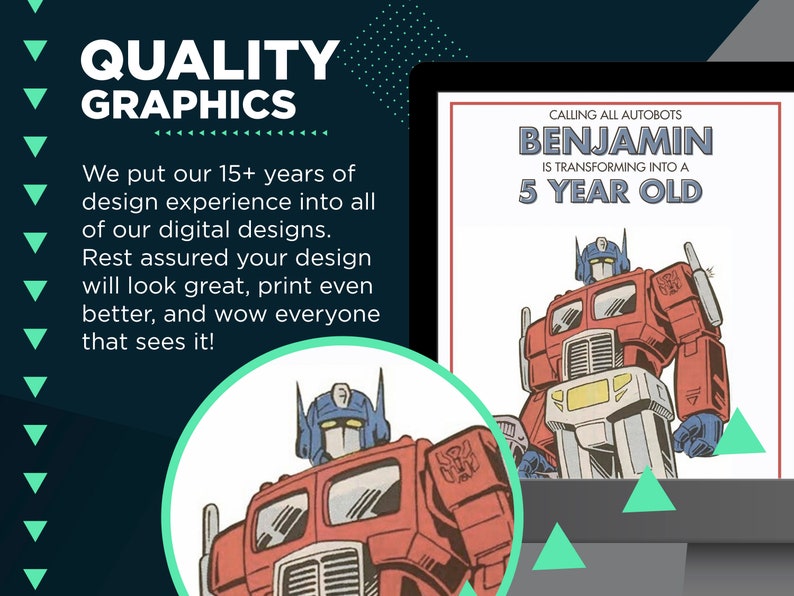 Pode incluir: Um convite de festa digital imprim&iacute;vel com um personagem de rob&ocirc; vermelho, azul e amarelo. O texto diz "Calling all Autobots Benjamin is transforming into a 5 year old".