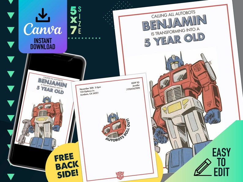 Pode incluir: Um convite imprim&iacute;vel para uma festa de anivers&aacute;rio de um menino de 5 anos com um rob&ocirc; de desenho animado vermelho, azul e amarelo. O texto do convite diz "Calling all Autobots, Benjamin is transforming into a 5 year old".