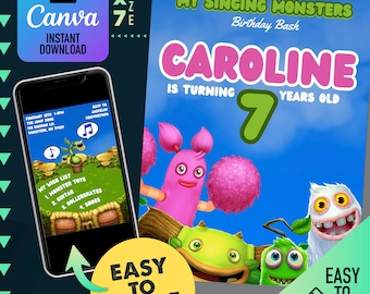 Meu convite do aniversário dos monstro do canto | Modelo digital | Modelo de Monstros Cantando | Convite de aniversário para impressão | Imprima em casa!