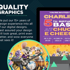 Op de afbeelding: Een paarse en gele verjaardagsuitnodiging voor een 5e verjaardagsfeestje bij Chuck E. Cheese. De uitnodiging bevat een cartoonafbeelding van Chuck E. Cheese en zijn band die muziek maken. De tekst op de uitnodiging luidt: "Je bent uitgenodigd voor Charlie's 5e verjaardagsfeestje bij Chuck E. Cheese".