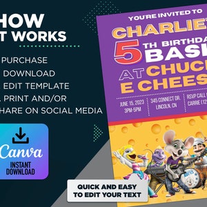 Op de afbeelding: Een paarse en gele printbare uitnodiging voor Charlie's 5e verjaardagsfeest bij Chuck E. Cheese. De uitnodiging bevat een cartoonafbeelding van de Chuck E. Cheese-band die muziek maakt. De tekst op de uitnodiging bevat de datum, tijd, locatie en RSVP-informatie.